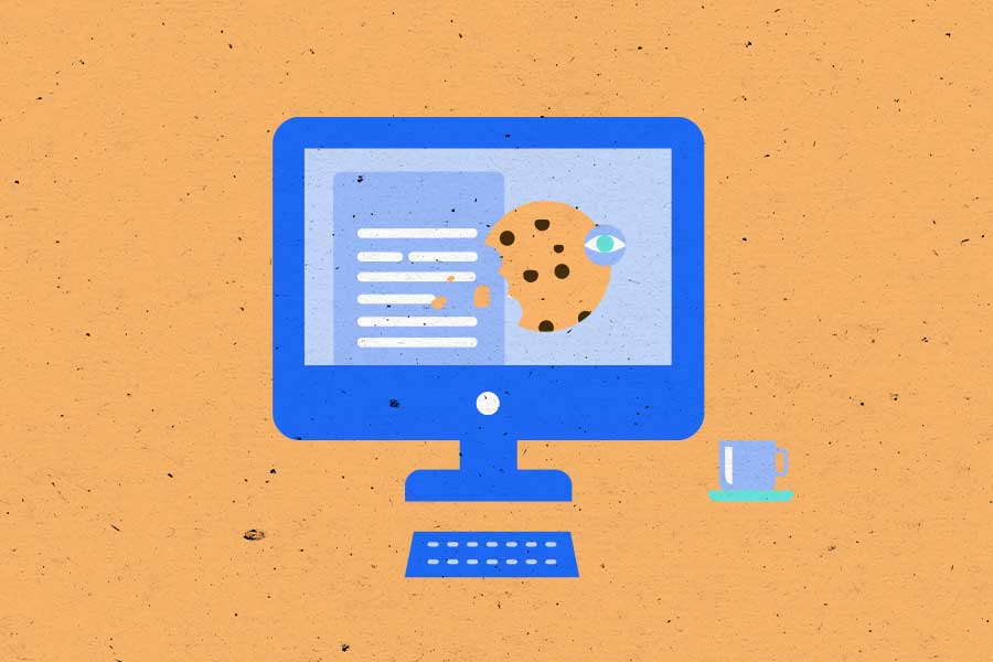 Illustration of computer with document and cookie on the screen