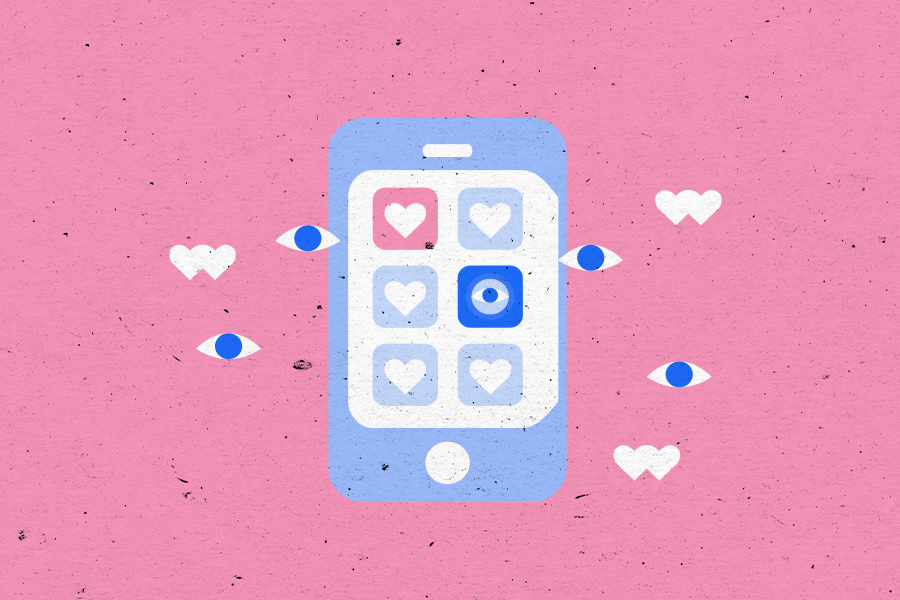 Illustration of a mobile device surrounded by love heart symbols and eyes