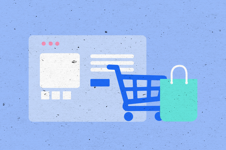 Illustration of a browser window next to a shopping cart and bag