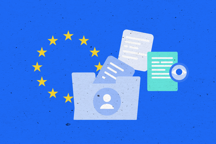 Illustration of a folder of documents and the stars from the EU flag in the background