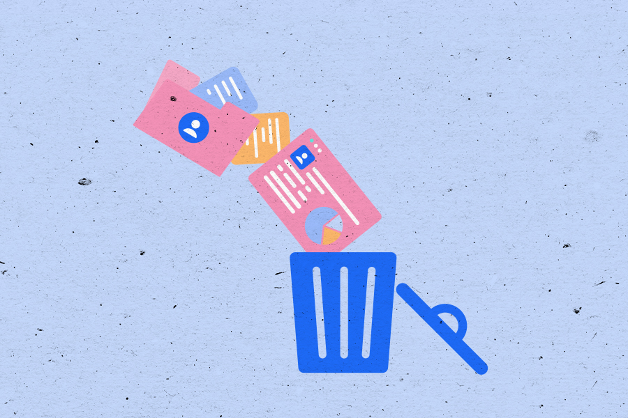 Illustration of documents with personal details going into a trash can