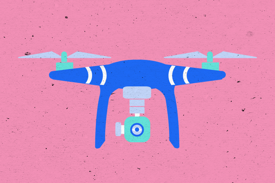 Illustration of a drone with camera and GetTerms logo