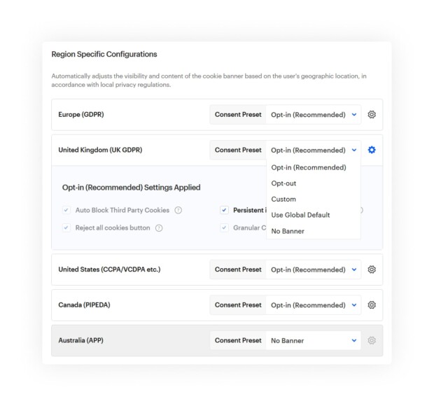getterms region specific banner settings with dropdown