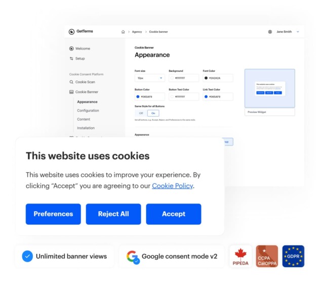 An image of the GetTerms cookie banner generator and consent banner