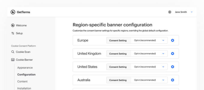 region specific configuration screen