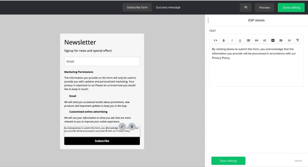 Displaying a visible link to your privacy policy in your opt-in forms