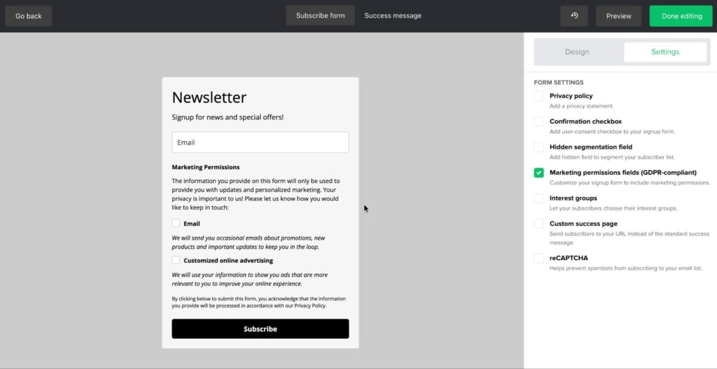 Example of showing GDPR-ready opt-in form settings, including double opt-in and privacy policy linking
