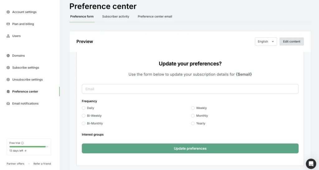 Showing Mailer Lite's preference center template